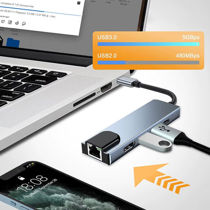 Hub USB-C Techsuit H1 NetBridge, 5u1, Sivi