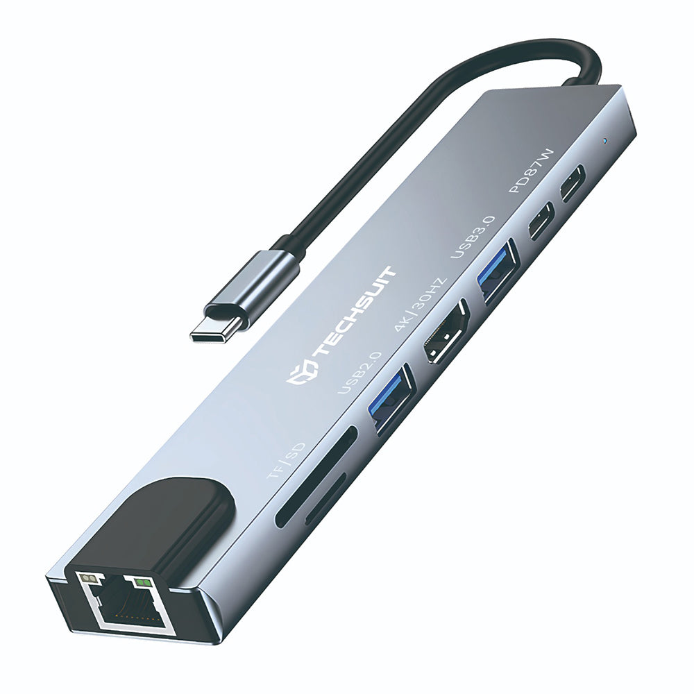 Hub USB-C Techsuit H2 NetBridge, 8u1, Sivi