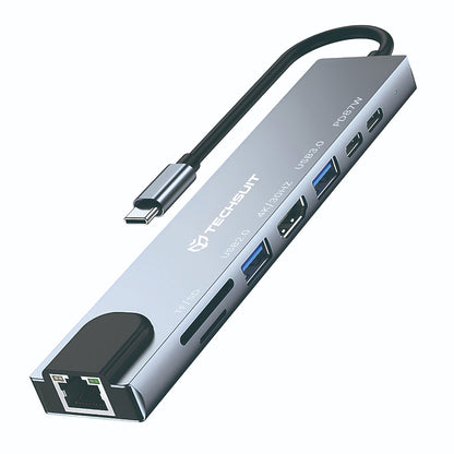 Hub USB-C Techsuit H2 NetBridge, 8u1, Sivi
