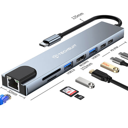 Hub USB-C Techsuit H2 NetBridge, 8u1, Sivi