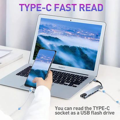 Hub USB-C Techsuit H2 NetBridge, 8u1, Sivi