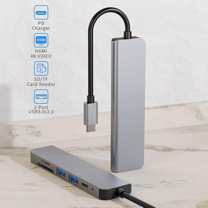 Hub USB-C Techsuit H5 TurboChargeX, 6u1, Sivi