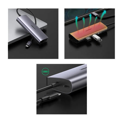 Hub USB-C UGREEN CM252, 3 x USB-A 3.0 - 1 x USB-C - RJ45, Sivi