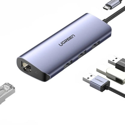 Hub USB-C UGREEN CM252, 3 x USB-A 3.0 - 1 x USB-C - RJ45, Sivi