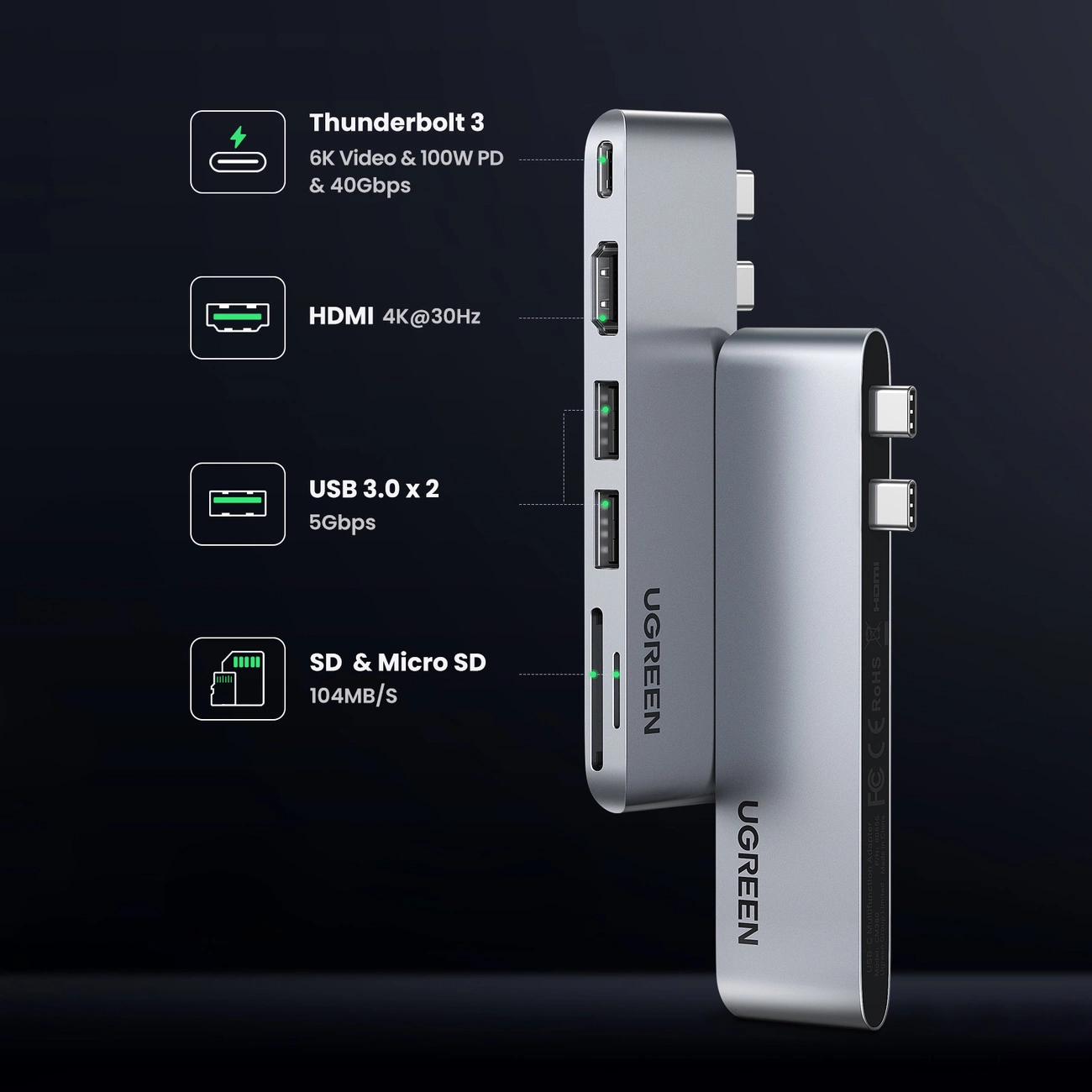 USB-C Hub UGREEN CM380 (80856) za Apple MacBook Pro / Air Series, 2 x USB-A 3.0 - 1 x USB-C - 1 x HDMI - 1 x SD - 1 x microSD