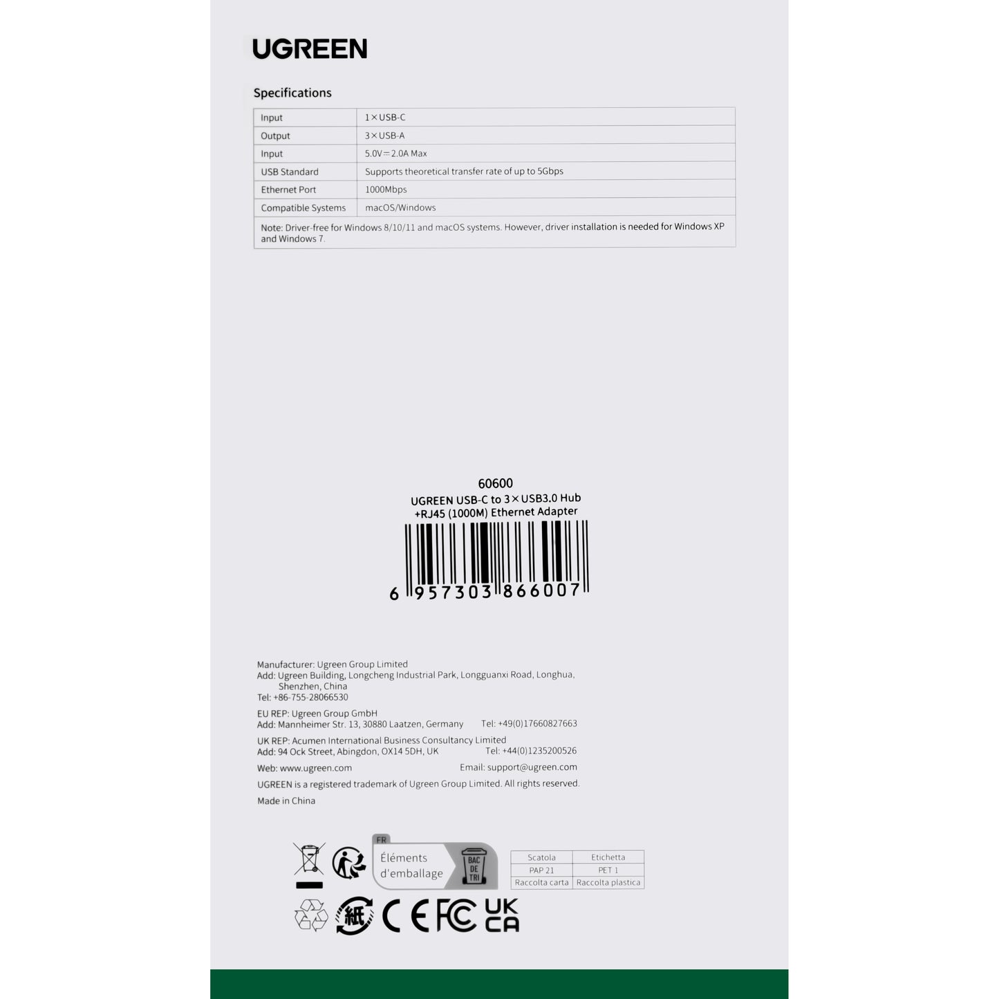 USB-C hub UGREEN CM475, 3 x USB-A 3.0 - 1 x RJ45, sivi