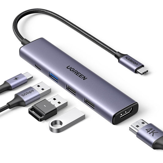 Hub USB-C UGREEN CM478, 1 x USB-A 3.0 - 2 x USB-A - 1 x USB-C - 1 x HDMI, Sivi Obnovljen