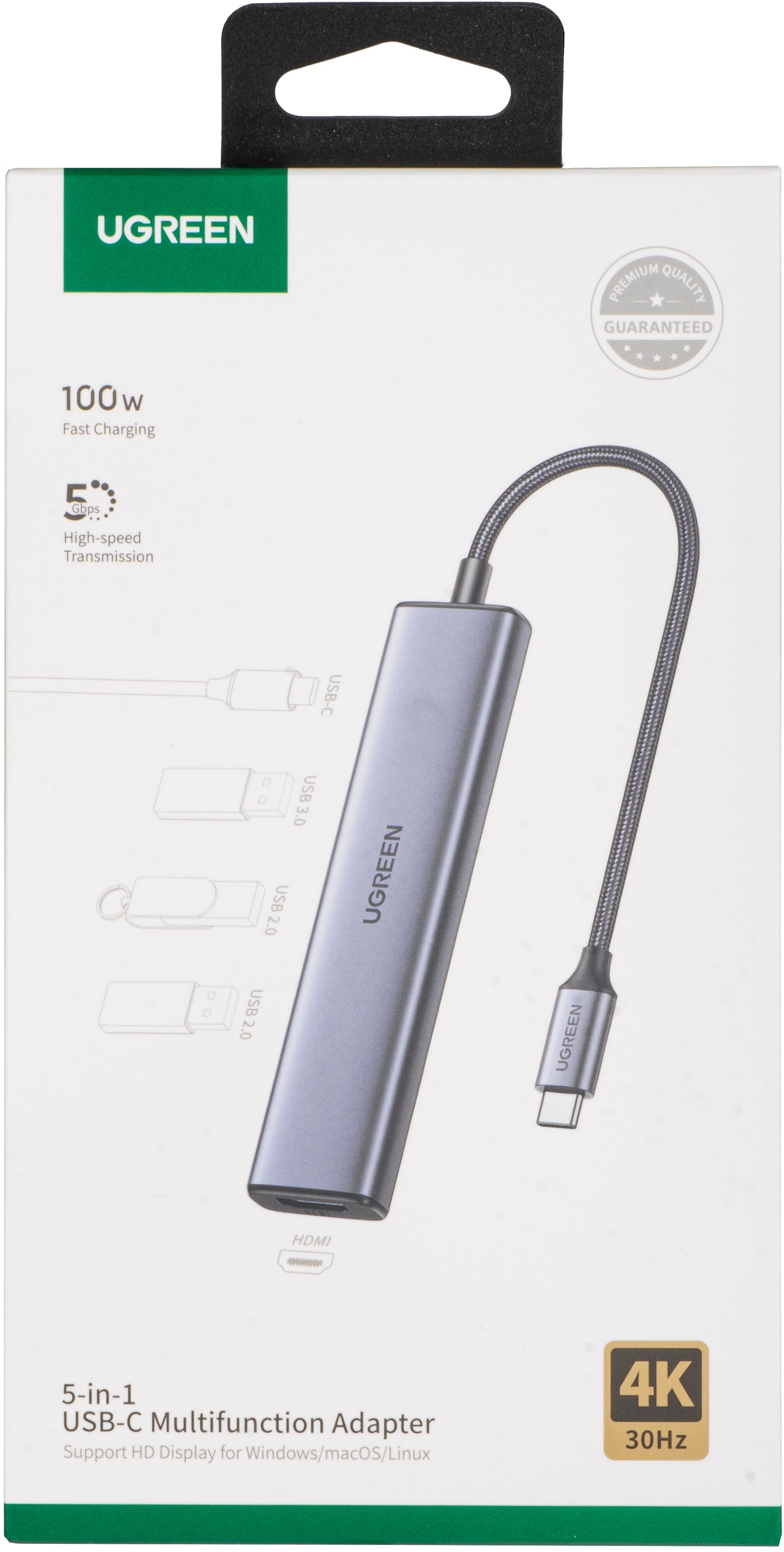 Hub USB-C UGREEN CM478, 1 x USB-A 3.0 - 2 x USB-A - 1 x USB-C - 1 x HDMI, Sivi
