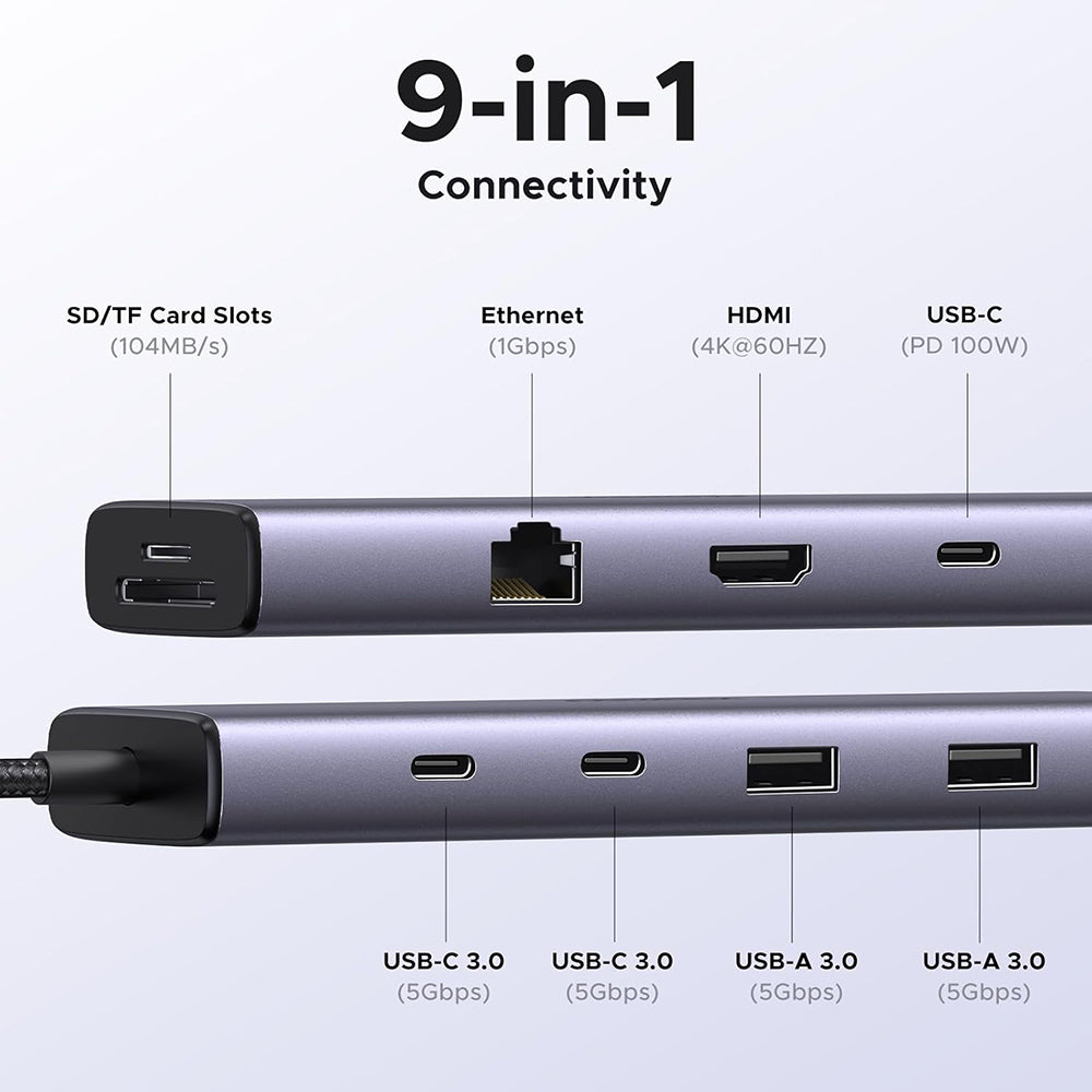 USB-C Hub UGREEN CM498 (15375), 2 x USB-A - 3 x USB-C - 1 x HDMI - 1 x RJ45 - 1 x SD - 1 x microSD, Siva