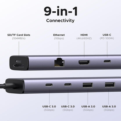USB-C Hub UGREEN CM498 (15375), 2 x USB-A - 3 x USB-C - 1 x HDMI - 1 x RJ45 - 1 x SD - 1 x microSD, Siva