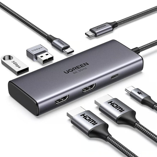 Hub USB-C UGREEN CM498 (15852), 2 x USB-A 3.0 - 2 x USB-C - 2 x HDMI, Sivi