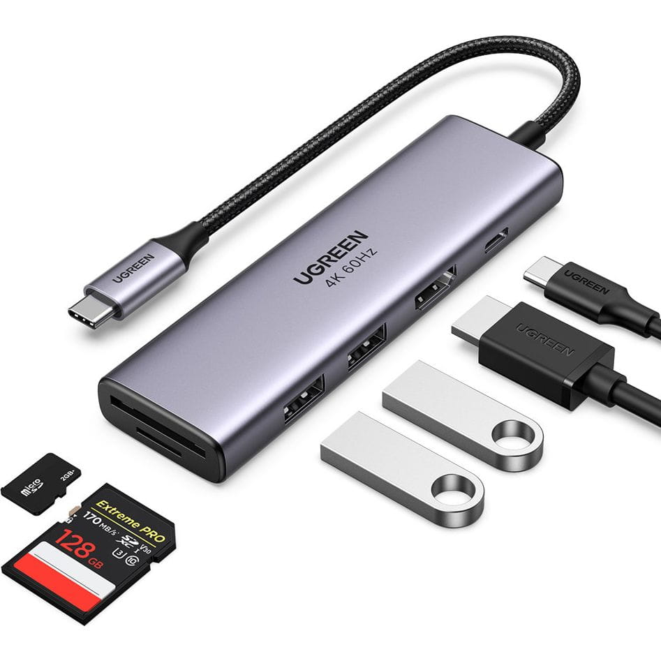 Hub USB-C UGREEN CM511 (60384), 2 x USB-A 3.0 - 1 x USB-C - 1 x HDMI - 1 x SD - 1 x microSD, Sivi