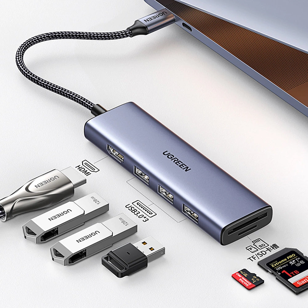 Hub USB-C UGREEN CM511 (20956A), 3 x USB-A 3.0 - 1 x HDMI - 1 x SD - 1 x microSD, Sivi