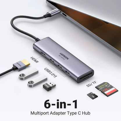 Hub USB-C UGREEN CM511 (60383), 3 x USB-A 3.2 - 1 x HDMI - 1 x SD - 1 x microSD, Sivi