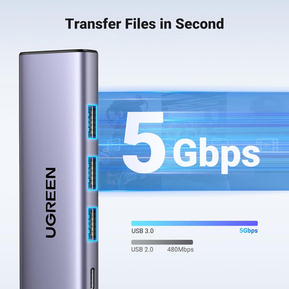 Hub USB-C UGREEN CM511, 3 x USB-A 3.0 - 1 x USB-C - 1 x HDMI, Sivi