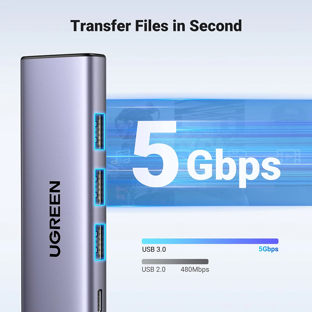 Hub USB-C UGREEN CM511 (15596), 3 x USB-A 3.0 - 1 x USB-C - 1 x HDMI, Sivi
