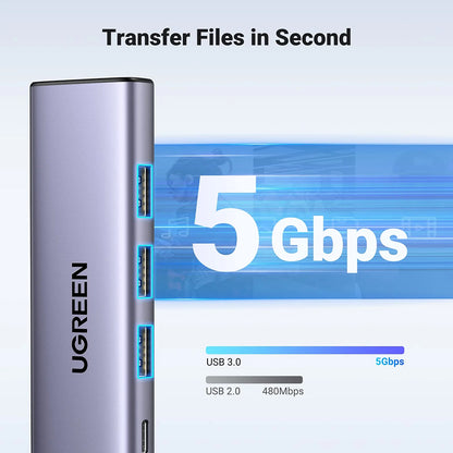 Hub USB-C UGREEN CM511 (15596), 3 x USB-A 3.0 - 1 x USB-C - 1 x HDMI, Sivi