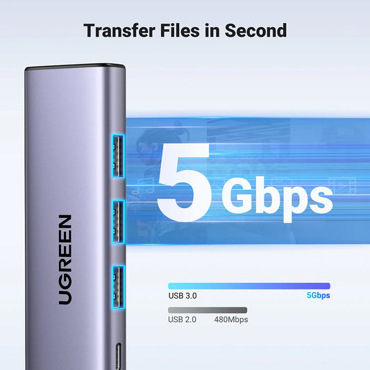 Hub USB-C UGREEN CM511 (15596), 3 x USB-A 3.0 - 1 x USB-C - 1 x HDMI, Sivi