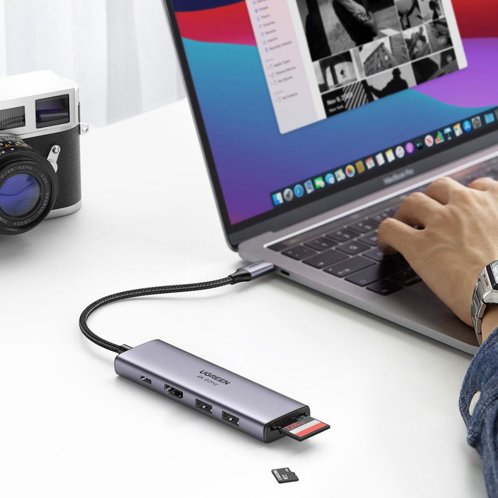 Hub USB-C UGREEN CM511 (60384), 2 x USB-A 3.0 - 1 x USB-C - 1 x HDMI - 1 x SD - 1 x microSD, Sivi