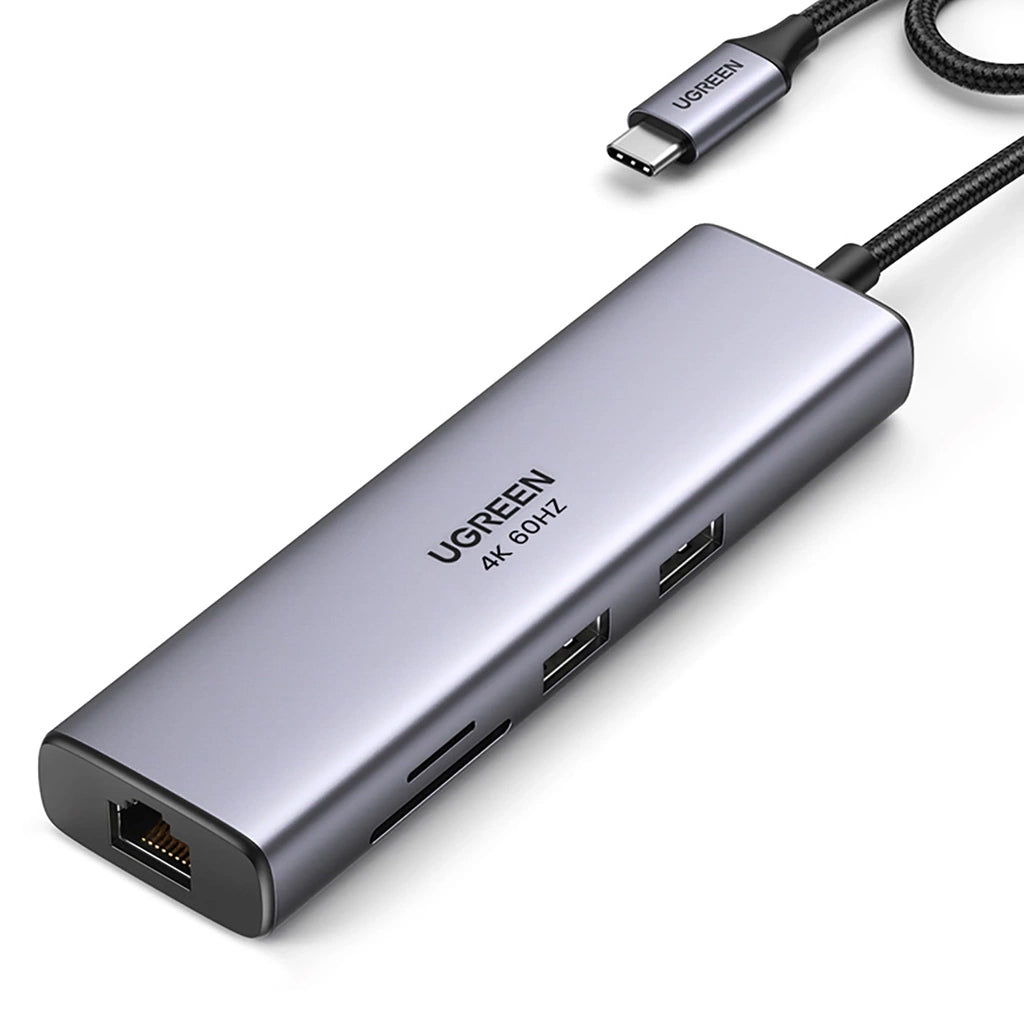 Hub USB-C UGREEN CM512, 2 x USB-A 3.0 - 1 x USB-C - 1 x HDMI - 1 x SD - 1 x microSD - RJ45, Sivi