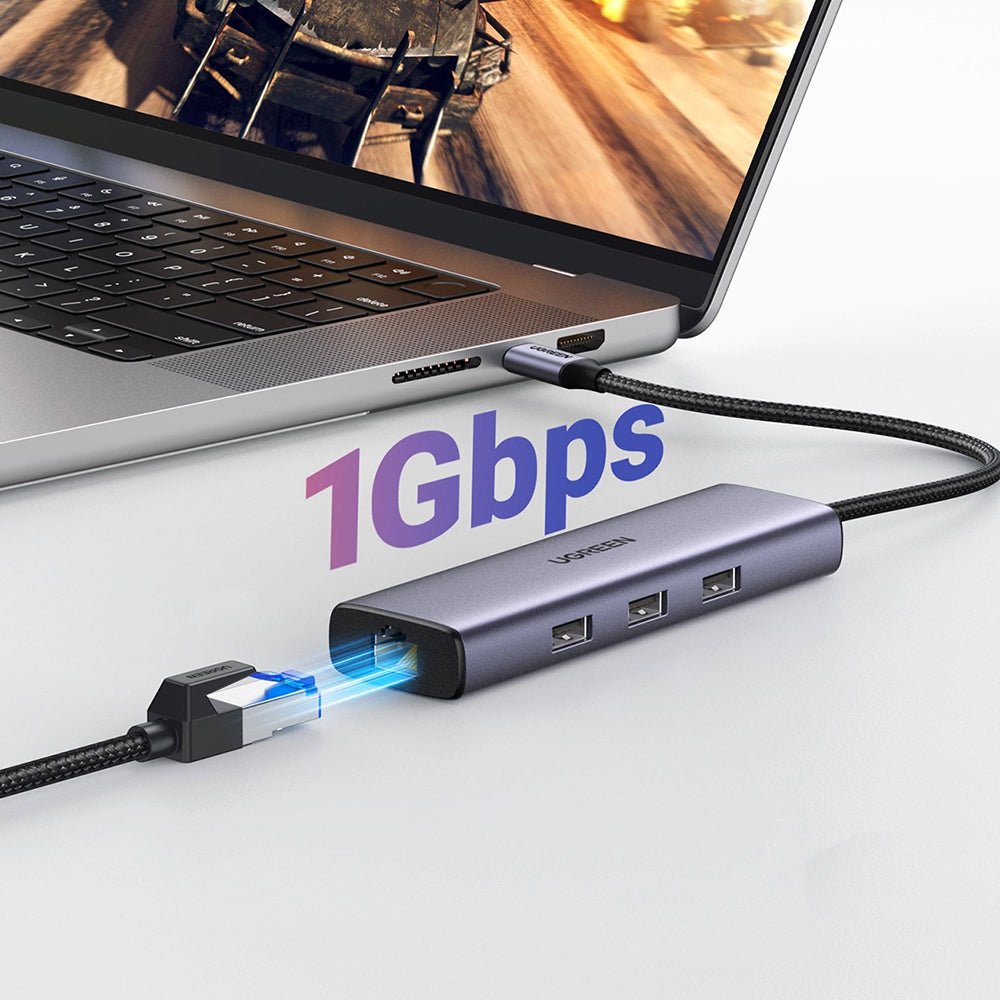 Hub USB-C UGREEN CM512 (15598), 3 x USB-A 3.0 - 1 x USB-C - 1 x HDMI - 1 x RJ45, Sivi