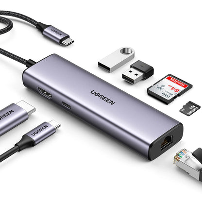Hub USB-C UGREEN CM512, 2 x USB-A 3.0 - 1 x USB-C - 1 x HDMI - 1 x SD - 1 x microSD - RJ45, Sivi