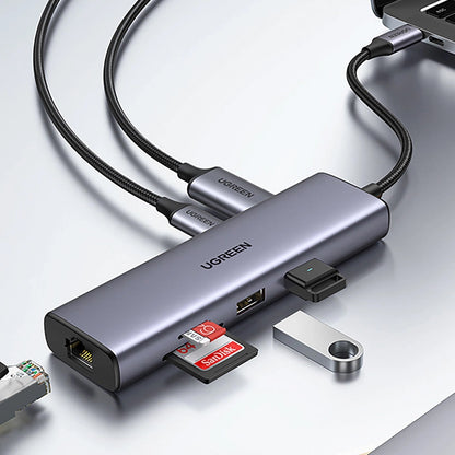 Hub USB-C UGREEN CM512, 2 x USB-A 3.0 - 1 x USB-C - 1 x HDMI - 1 x SD - 1 x microSD - RJ45, Sivi