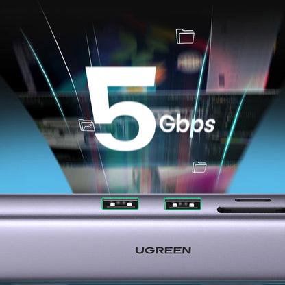 Hub USB-C UGREEN CM512, 2 x USB-A 3.0 - 1 x USB-C - 1 x HDMI - 1 x SD - 1 x microSD - RJ45, Sivi