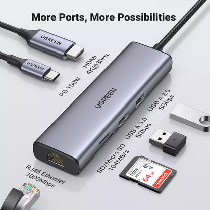 Hub USB-C UGREEN CM512, 2 x USB-A 3.0 - 1 x USB-C - 1 x HDMI - 1 x SD - 1 x microSD - RJ45, Sivi