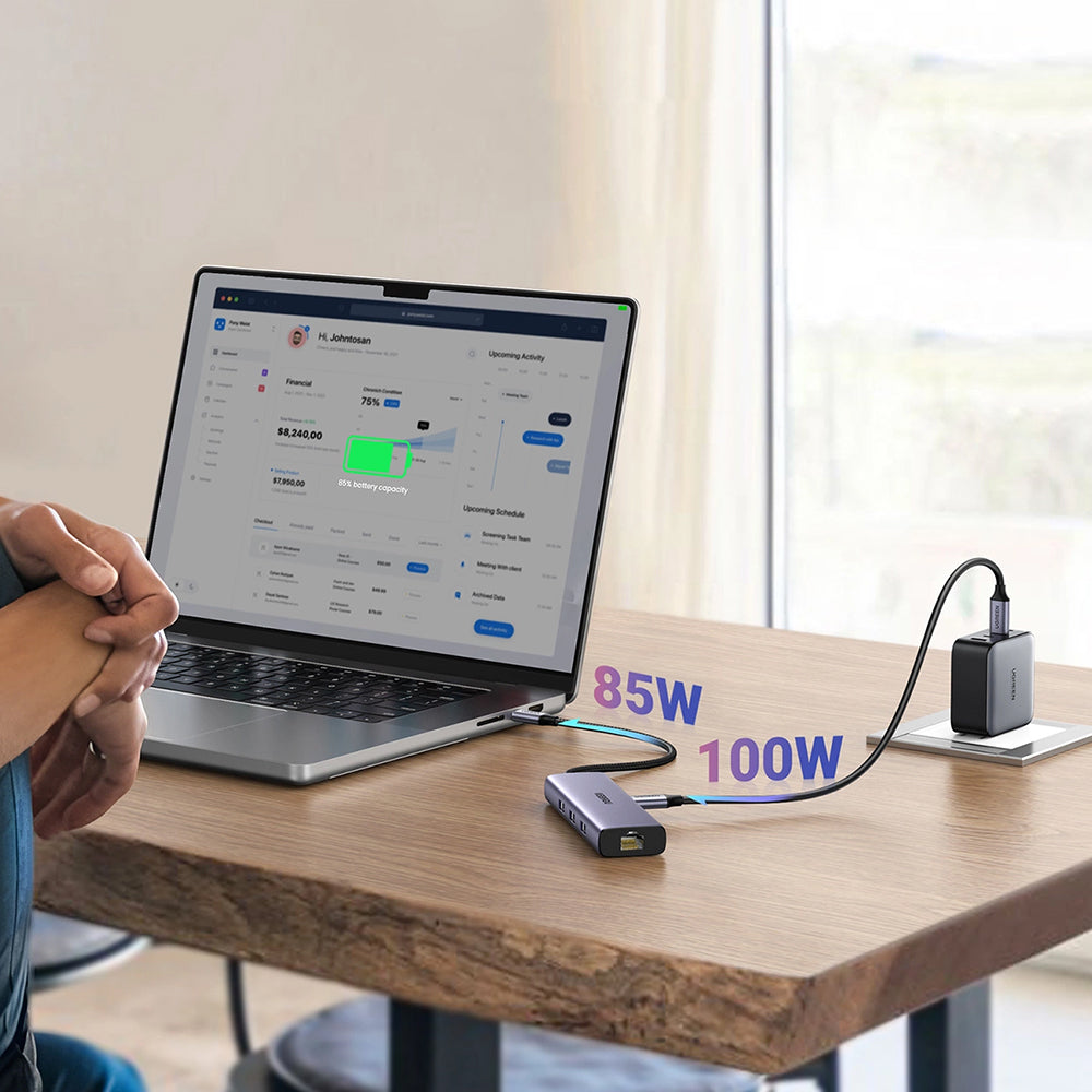 Hub USB-C UGREEN CM512 (15598), 3 x USB-A 3.0 - 1 x USB-C - 1 x HDMI - 1 x RJ45, Sivi
