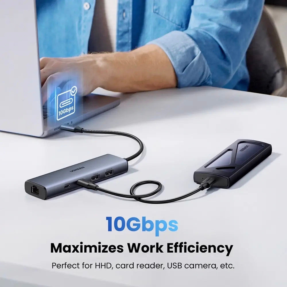 Hub USB-C UGREEN CM512, 1 x USB-A 3.2 - 1 x USB-A - 3 x USB-C - 1 x RJ45, Sivi