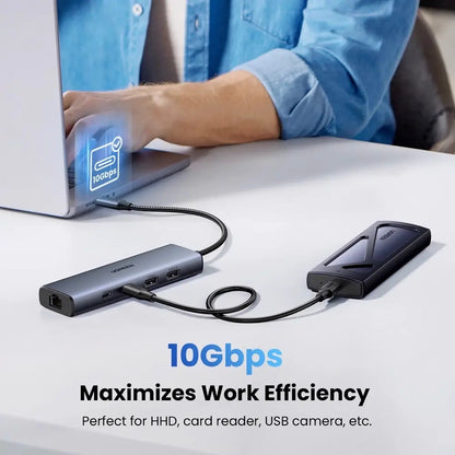 Hub USB-C UGREEN CM512, 1 x USB-A 3.2 - 1 x USB-A - 3 x USB-C - 1 x RJ45, Sivi