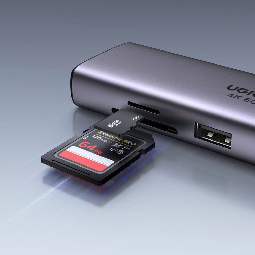 Hub USB-C UGREEN CM512 (60515), 2 x USB-A 3.0 - 1 x USB-C - 1 x HDMI - 1 x SD - 1 x microSD - 1 x RJ45, Sivi