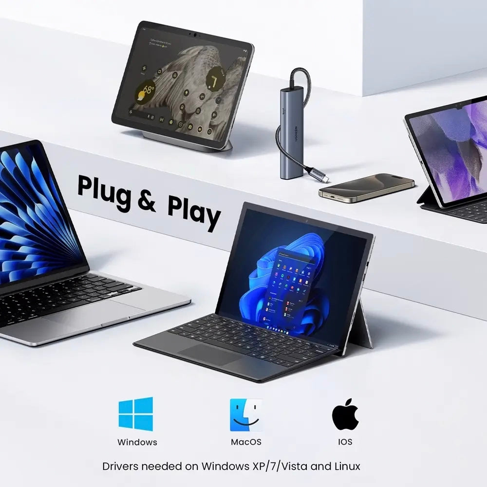 Hub USB-C UGREEN CM512, 1 x USB-A 3.2 - 1 x USB-A - 3 x USB-C - 1 x RJ45, Sivi