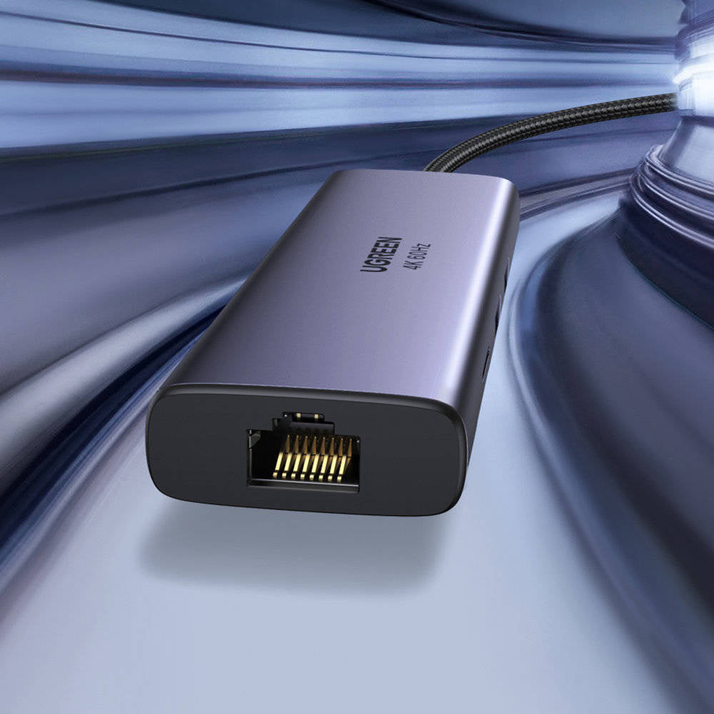 Hub USB-C UGREEN CM512 (60515), 2 x USB-A 3.0 - 1 x USB-C - 1 x HDMI - 1 x SD - 1 x microSD - 1 x RJ45, Sivi
