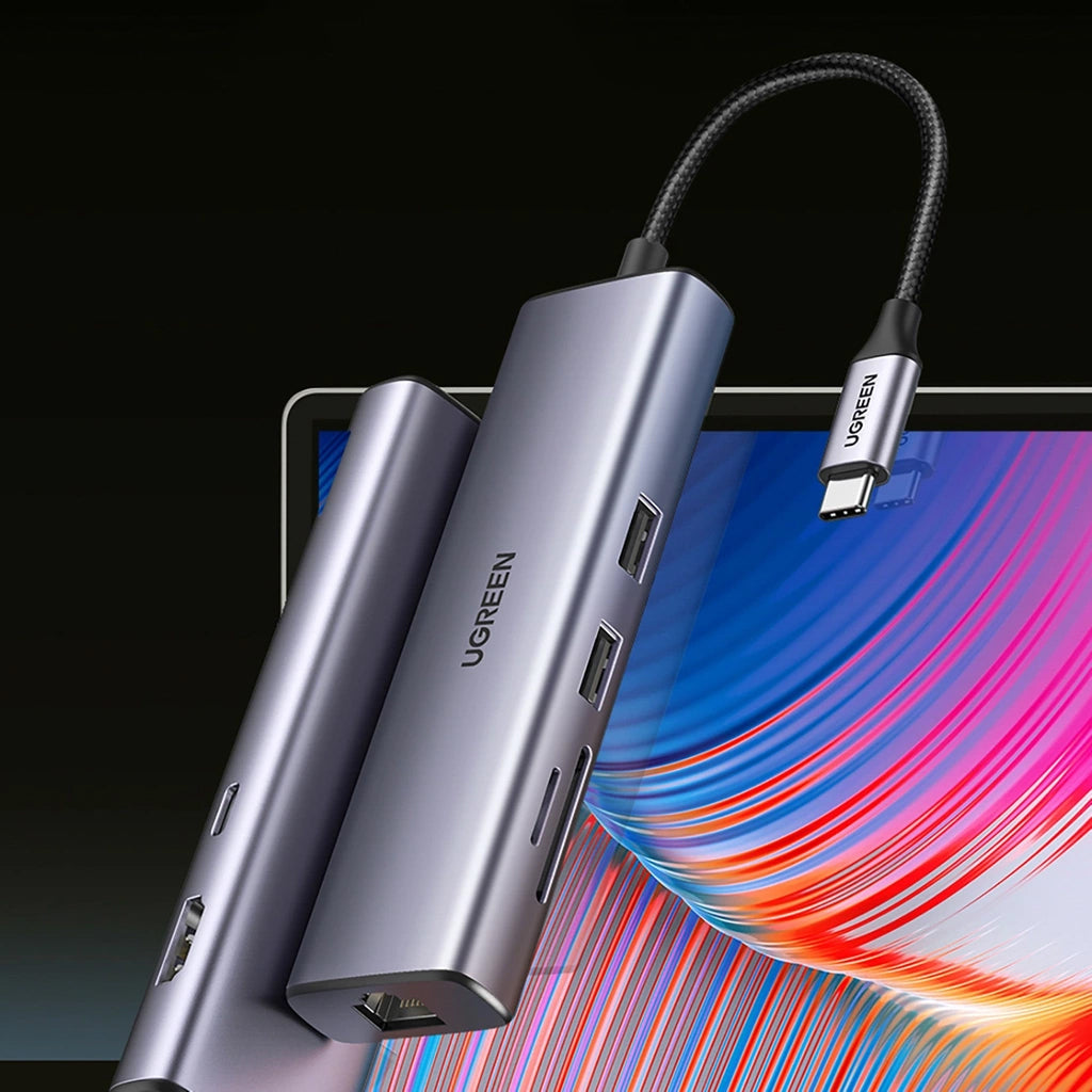 Hub USB-C UGREEN CM512, 2 x USB-A 3.0 - 1 x USB-C - 1 x HDMI - 1 x SD - 1 x microSD - RJ45, Sivi