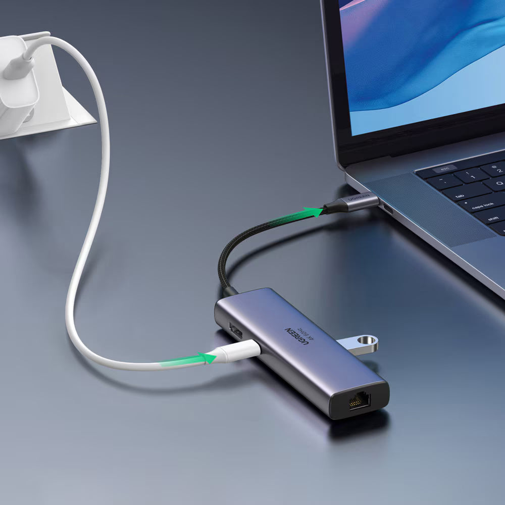 Hub USB-C UGREEN CM512 (60515), 2 x USB-A 3.0 - 1 x USB-C - 1 x HDMI - 1 x SD - 1 x microSD - 1 x RJ45, Sivi