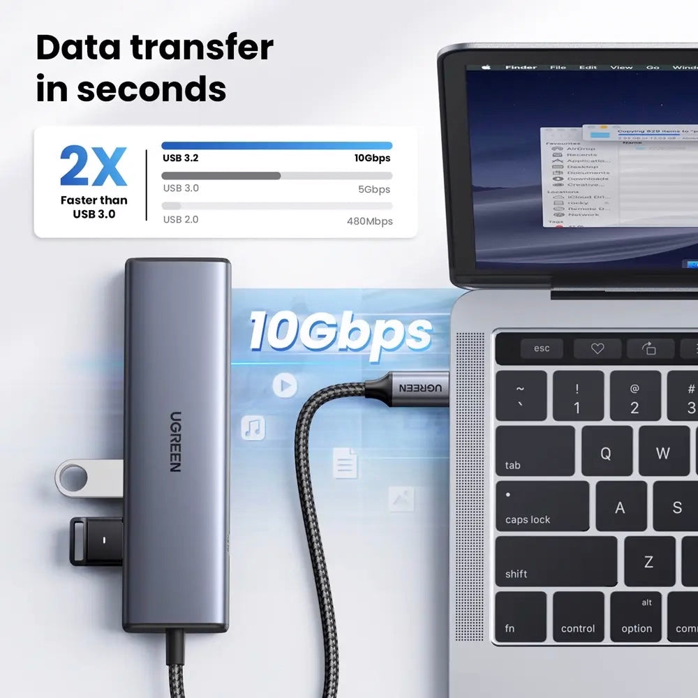 Hub USB-C UGREEN CM512, 1 x USB-A 3.2 - 1 x USB-A - 3 x USB-C - 1 x RJ45, Sivi