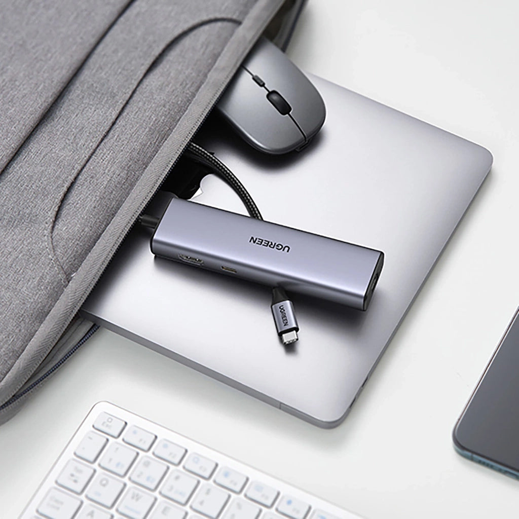 Hub USB-C UGREEN CM512, 2 x USB-A 3.0 - 1 x USB-C - 1 x HDMI - 1 x SD - 1 x microSD - RJ45, Sivi
