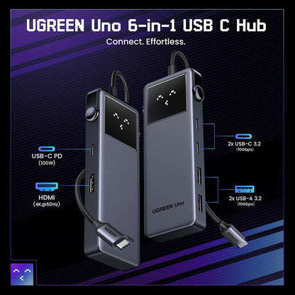 Hub USB-C UGREEN Uno (75177), 2 x USB-A 3.2 - 3 x USB-C - 1 x HDMI, Siva