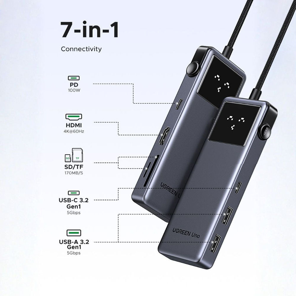 Hub USB-C UGREEN Uno (75179), 2 x USB-A - 2 x USB-C - 1 x HDMI - 1 x SD - 1 x microSD, Siva