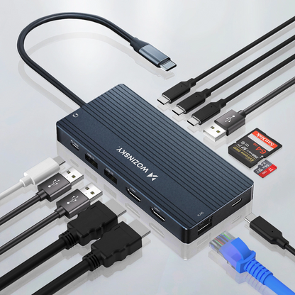 Hub USB-C WZK WDS03Y5S, 1 x USB-A 3.1 - 2 x USB-A - 5 x USB-C - 2 x HDMI - 1 x Jack 3.5mm - 1 x RJ45 - 1 x SD - 1 x microSD, Sivi
