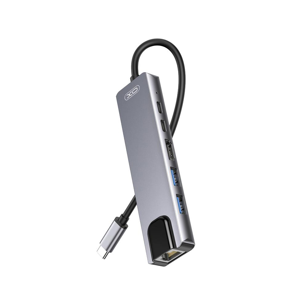 Hub USB-C XO Design HUB013, 1 x USB-A - 1 x USB-A 3.0 - 2 x USB-C - 1 x HDMI - 1 x RJ45, Sivi