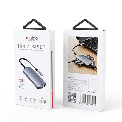Hub USB-C Yesido HB15, 6u1, Sivi