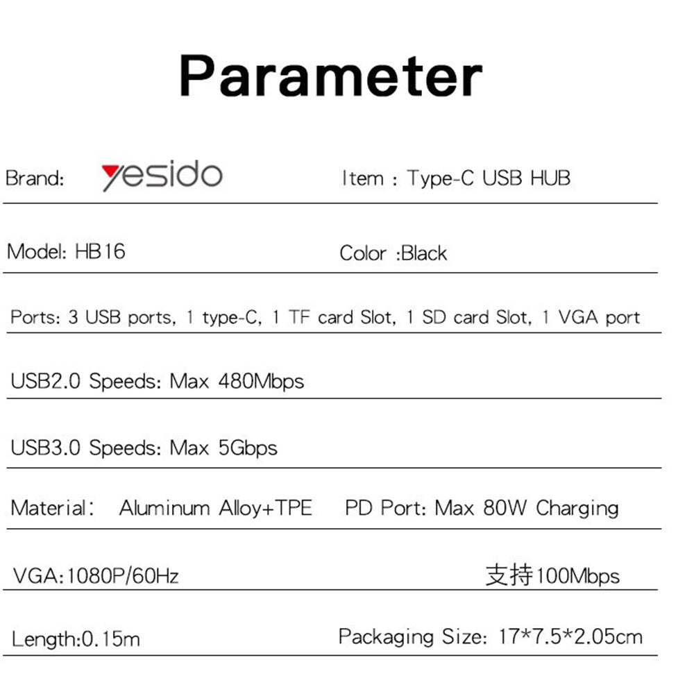 Hub USB-C Yesido HB16, 7u1, Sivi