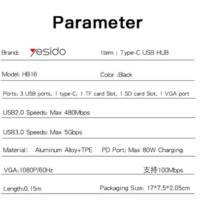 Hub USB-C Yesido HB16, 7u1, Sivi