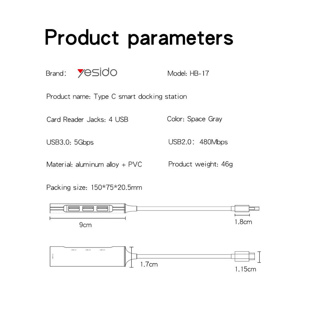 Hub USB-C Yesido HB17, 4u1, Sivi