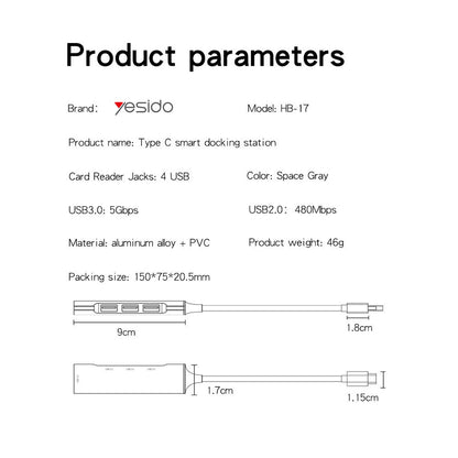 Hub USB-C Yesido HB17, 4u1, Sivi
