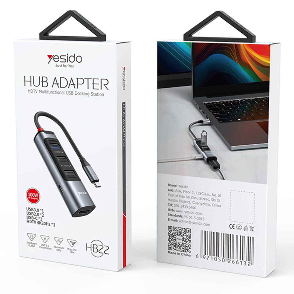 Hub USB-C Yesido HB22, 5u1, Sivi