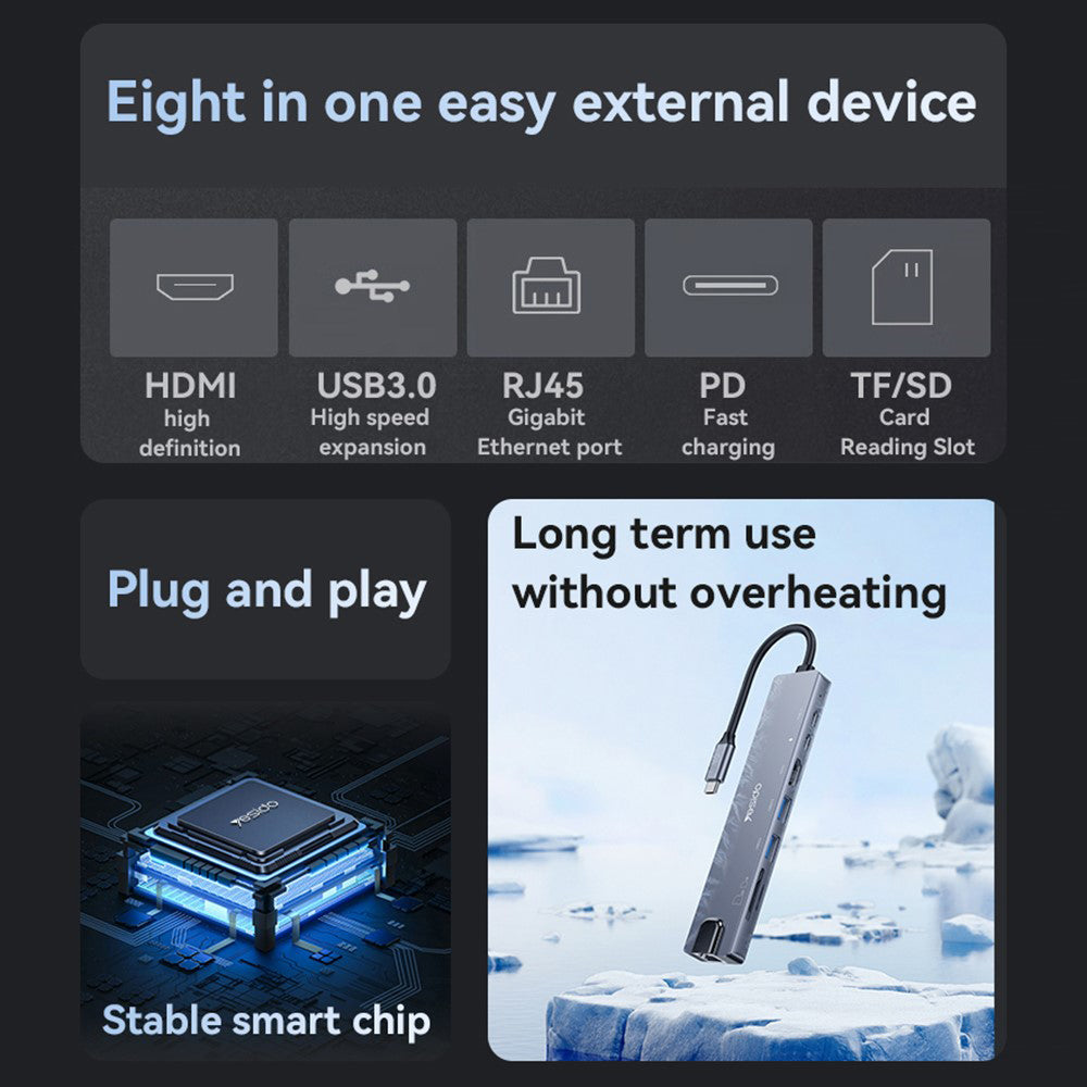 Hub USB-C Yesido HB27, 8u1, Sivi